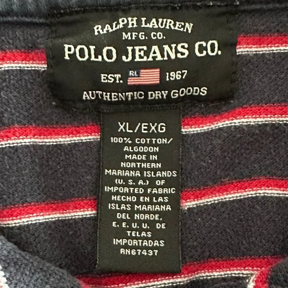 Vintage Polo Jeans‎ Co. Ralph Lauren Polo Shirt Mens XL Blue Flag Striped 90s